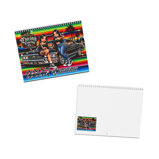 Chicana Coloring Co. 2027 Calendar by Kadric Publishing LLC featuring colorful artwork and monthly grid layout.