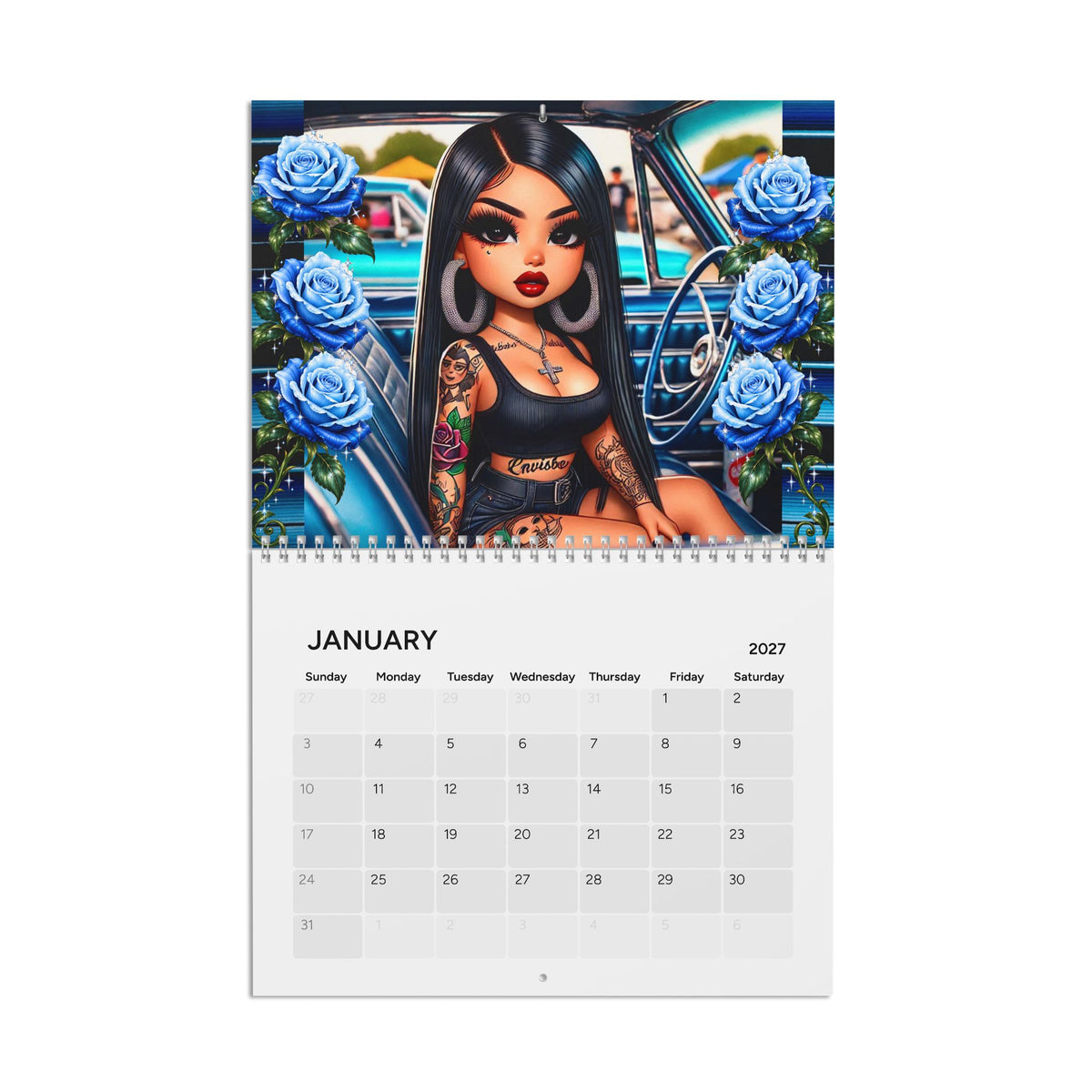 Chicana Coloring Co. 2027 calendar featuring vibrant artwork and monthly pages, published by Kadric Publishing LLC.