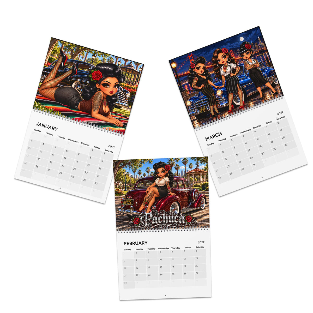 Pachucas 2027 Calendar by Kadric Publishing LLC, featuring vibrant Hispanic cultural artwork