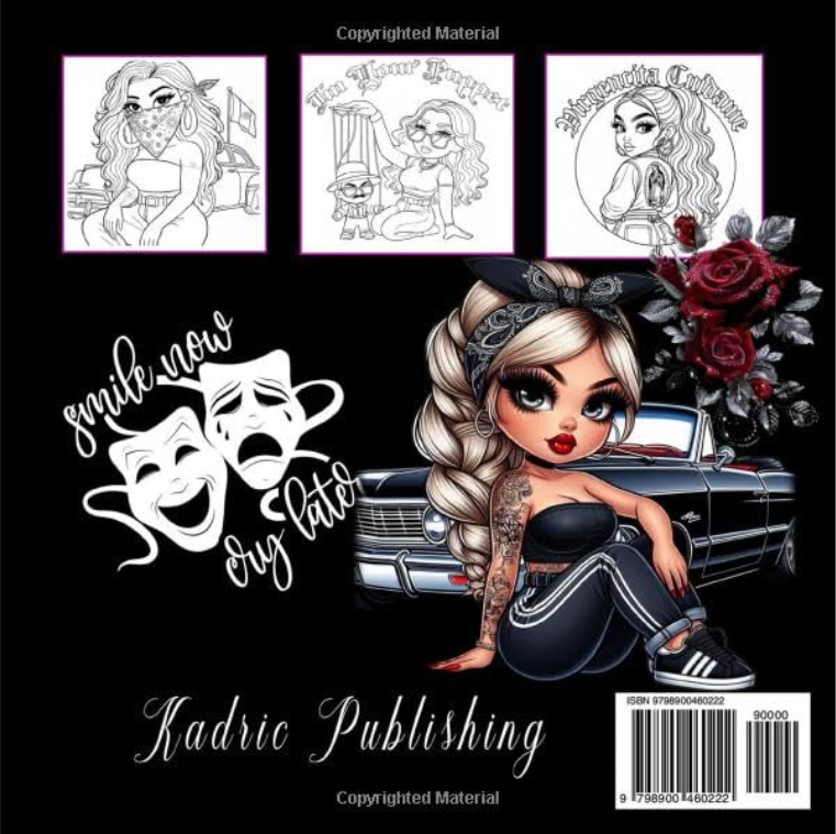 Back cover of Chingonas adult coloring book by Kadric Publishing featuring lowrider lifestyle illustrations in paperback format.