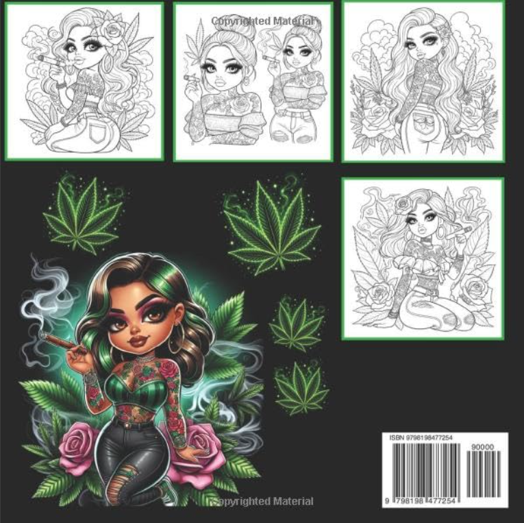 Back cover of Kadric Publishing LLC's Chibi Cholas High Times adult coloring book featuring cute stoner girls and cannabis-themed art.