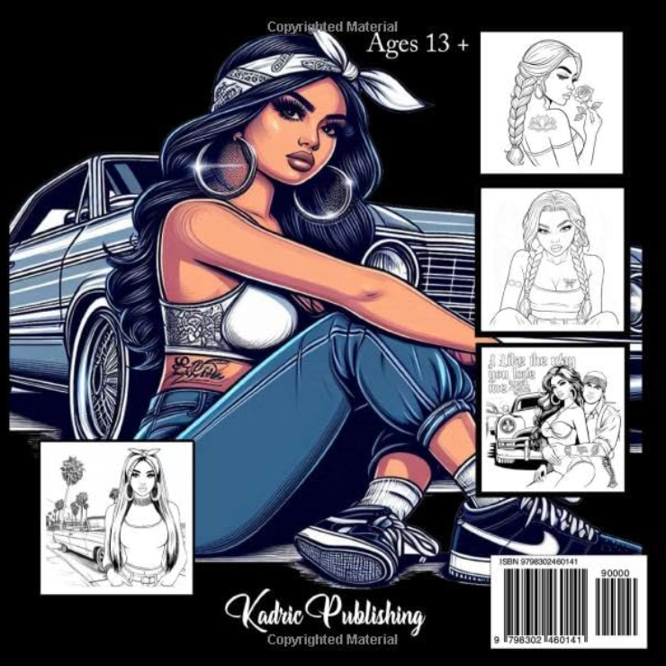 Back cover of Homegirls adult coloring book by Kadric Publishing, featuring vibrant illustrations for ages 13 and up.