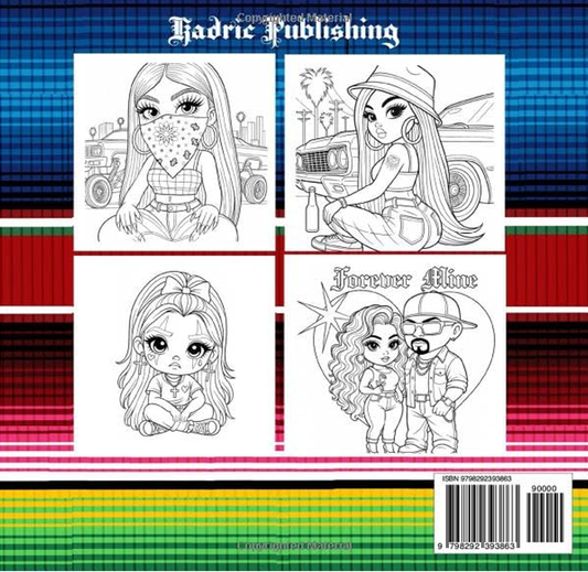 Back cover of Lowrider For Life adult coloring book by Kadric Publishing featuring 80 unique lowrider images in paperback format.