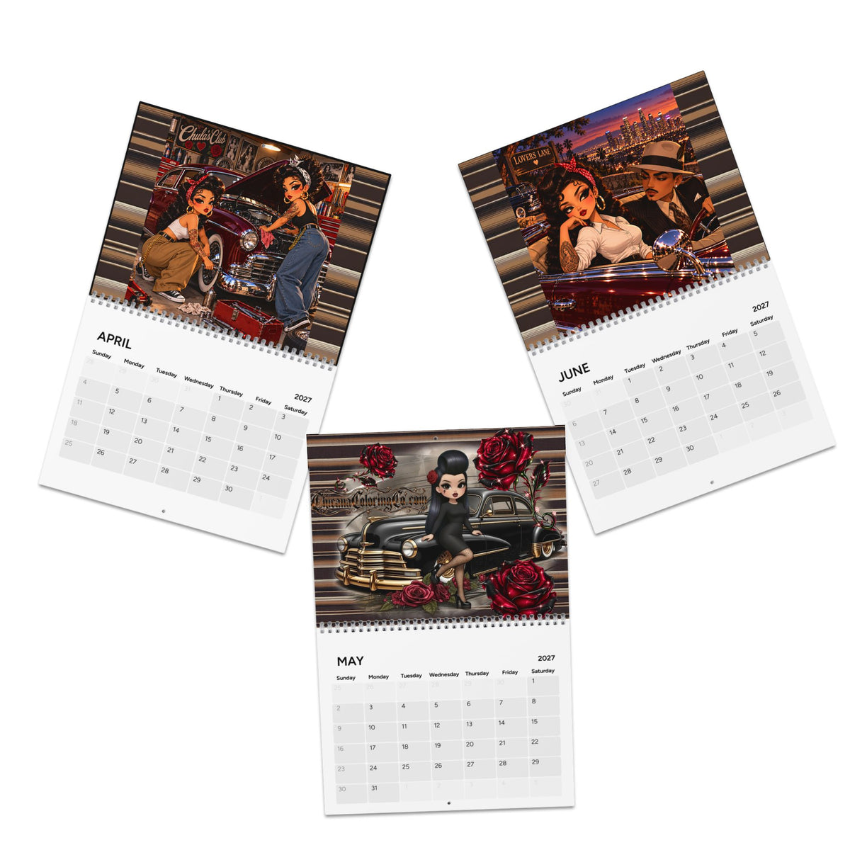 Chicana Coloring Co. 2027 calendar by Kadric Publishing LLC showing colorful pages with artwork and dates for the new year.