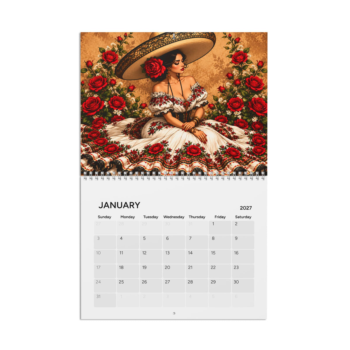 Mexican ladies wall calendar featuring vibrant artwork, ideal for home or office decor, by Printify.