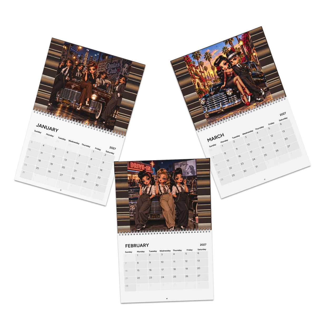 Cute Pachuca Pin-Up Garage Calendar 2027 featuring vintage pin-up art and monthly grid, designed by Printify.