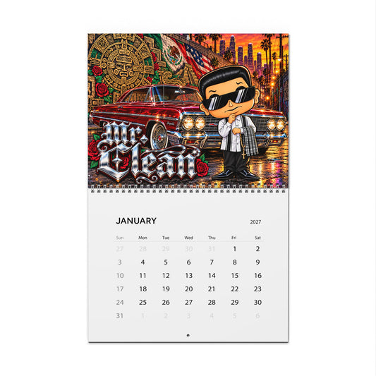 Printify Vatos 2027 wall calendar with colorful monthly pages and decorative illustrations for year-round planning.