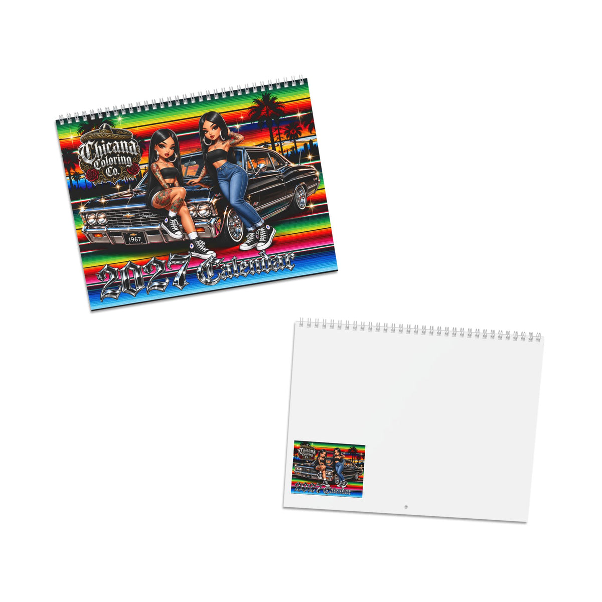 Chicana Coloring Co. 2027 Calendar by Kadric Publishing LLC featuring colorful artwork and monthly grid layout.