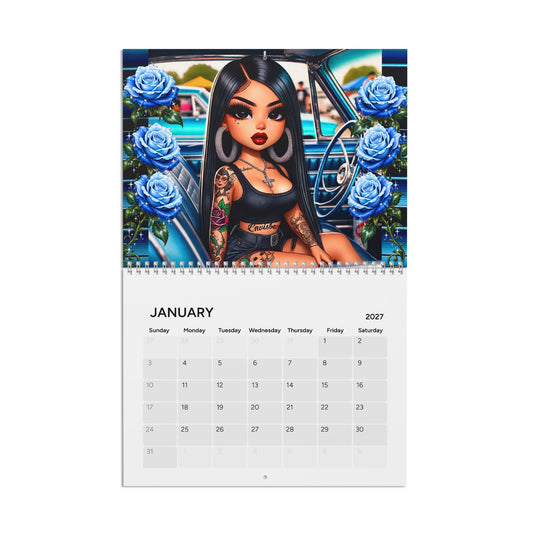 Chicana Coloring Co. 2027 calendar featuring vibrant artwork and monthly pages, published by Kadric Publishing LLC.