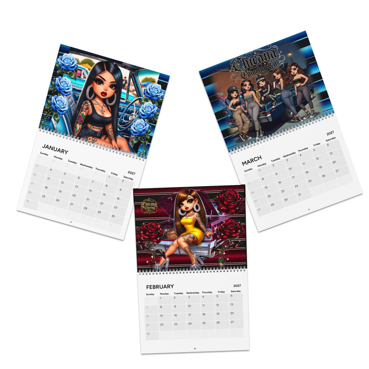 Chicana Coloring Co. 2027 calendar with colorful artwork and dates, published by Kadric Publishing LLC.