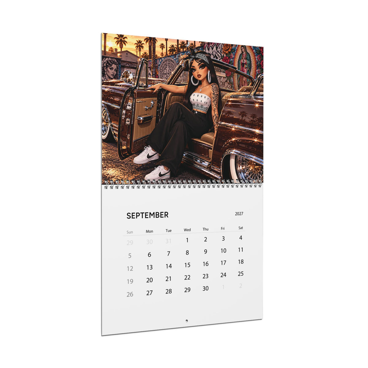 Chicanas 2027 wall calendar by Kadric Publishing LLC with colorful cultural artwork and monthly grid layout