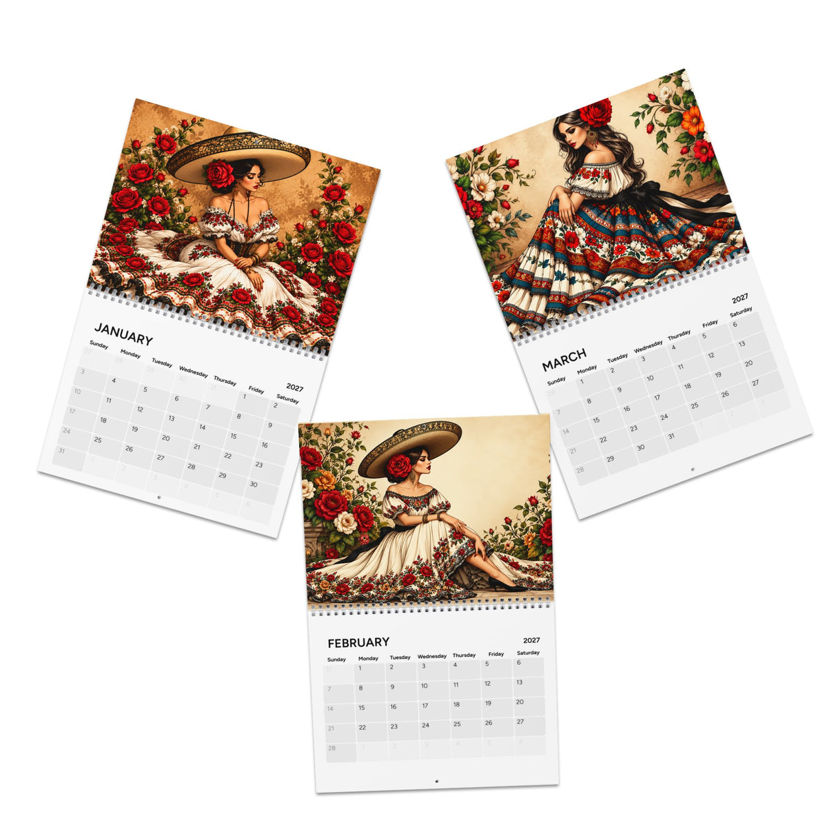 Mexican Ladies 2027 Wall Calendar by Printify featuring colorful artwork of women in traditional attire.
