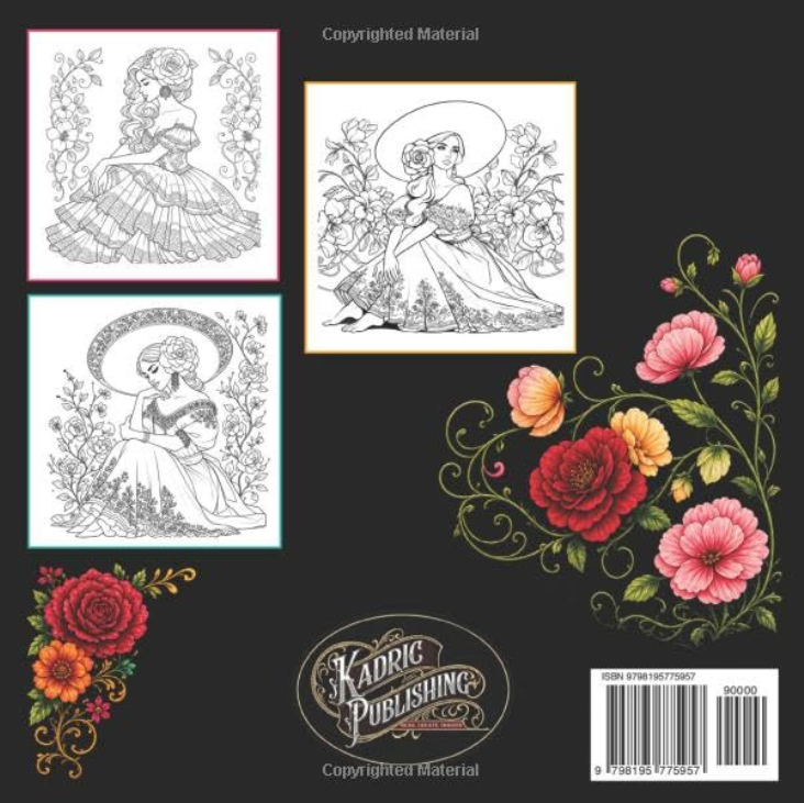 Back cover of Kadric Publishing's Mexican Ladies coloring book, featuring elegant women and cultural portrait designs on a relaxing paperback.