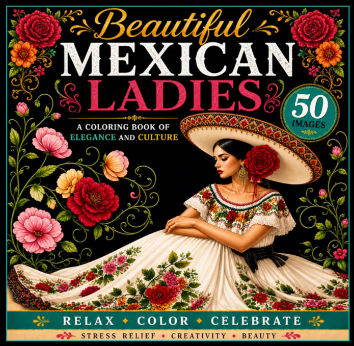 Cover of Kadric Publishing's Mexican Ladies coloring book featuring elegant women and cultural portraits for stress relief.