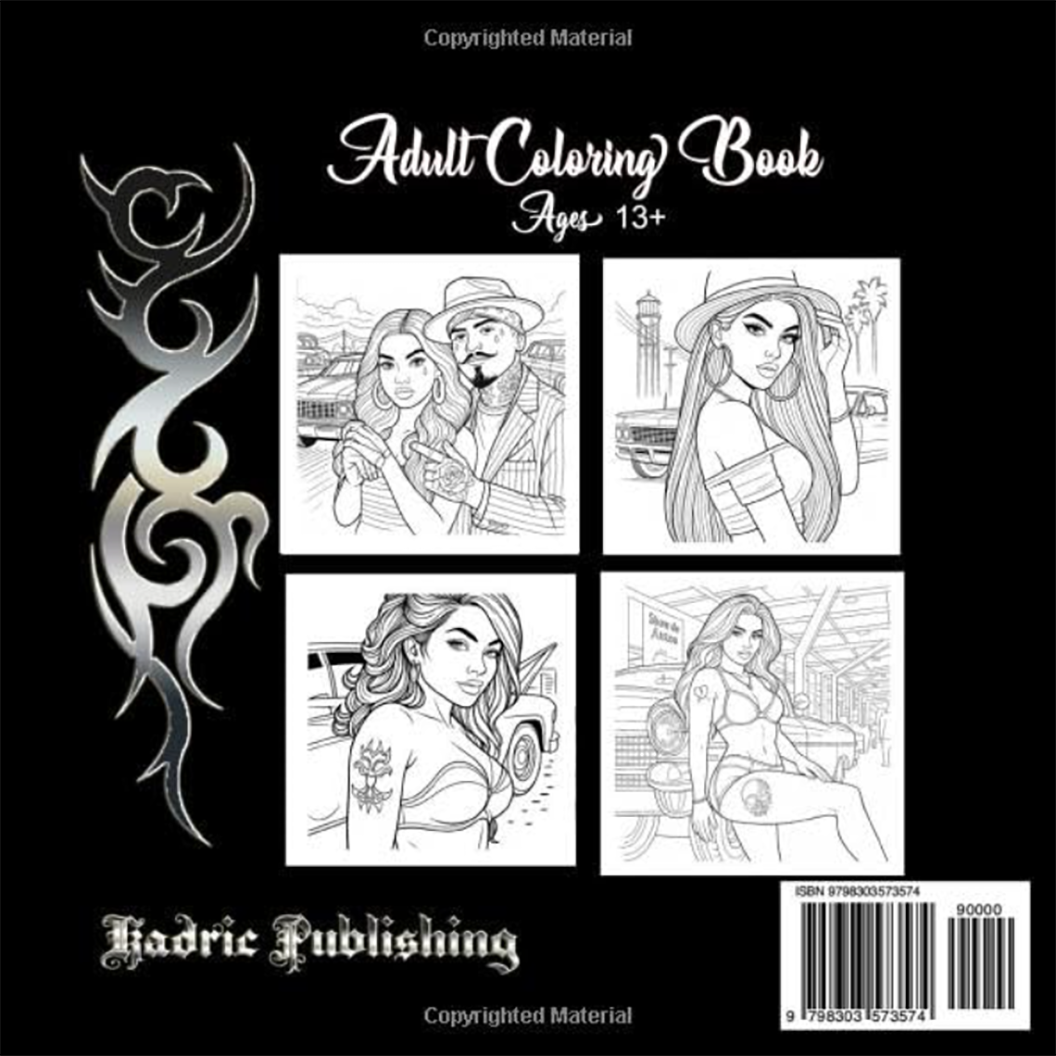 Back cover of Car Show Babes adult coloring book by Kadric Publishing, featuring colorful car illustrations and artwork.