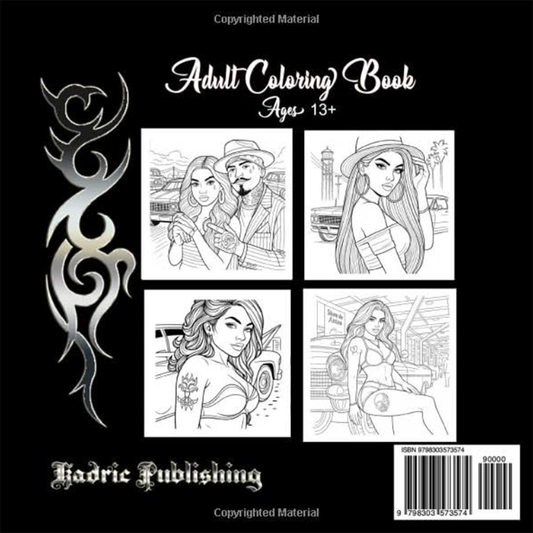 Back cover of Car Show Babes adult coloring book by Kadric Publishing, featuring colorful car illustrations and artwork.