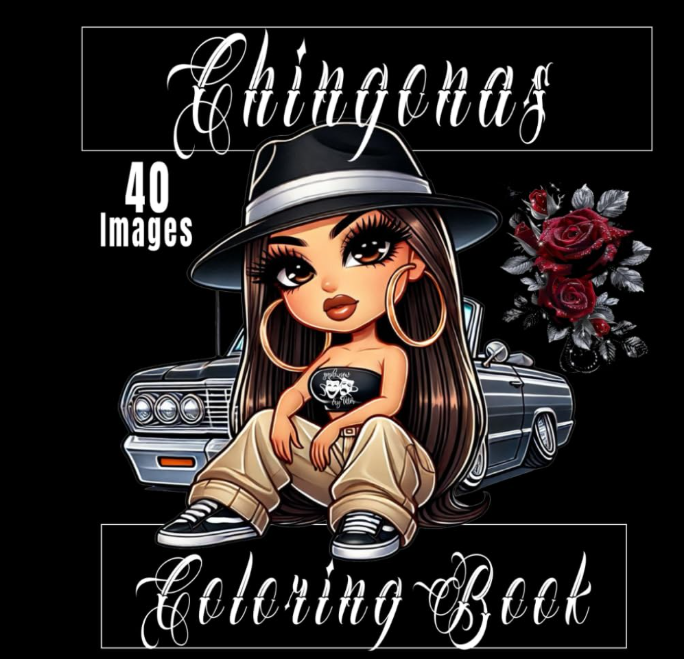 Paperback Chingonas adult coloring book featuring 40 Lowrider lifestyle images by Kadric Publishing, cover art with vibrant lowrider design.