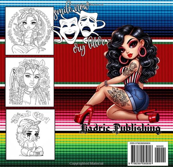 Back cover of Chibi Cholas adult coloring book by Kadric Publishing, featuring colorful Chola and lowrider illustrations.