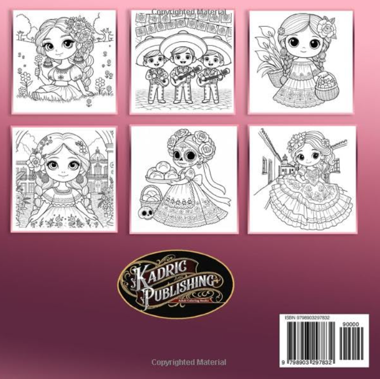 Back cover of a paperback Cute Chibi Mexicans coloring book featuring bold, easy-to-color kawaii chibi characters by Kadric Publishing LLC.