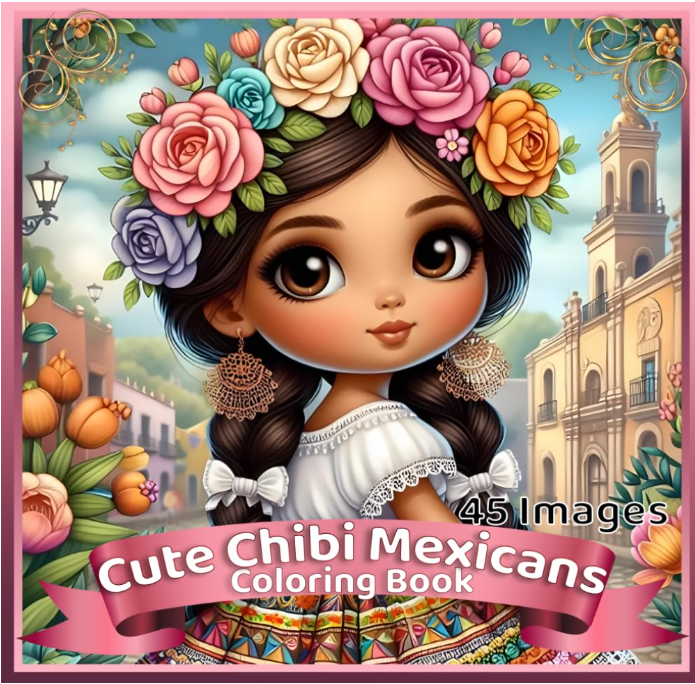 Cover of Kadric Publishing LLC's cute chibi Mexicans coloring book featuring bold, easy-to-color kawaii chibi characters on a paperback cover.