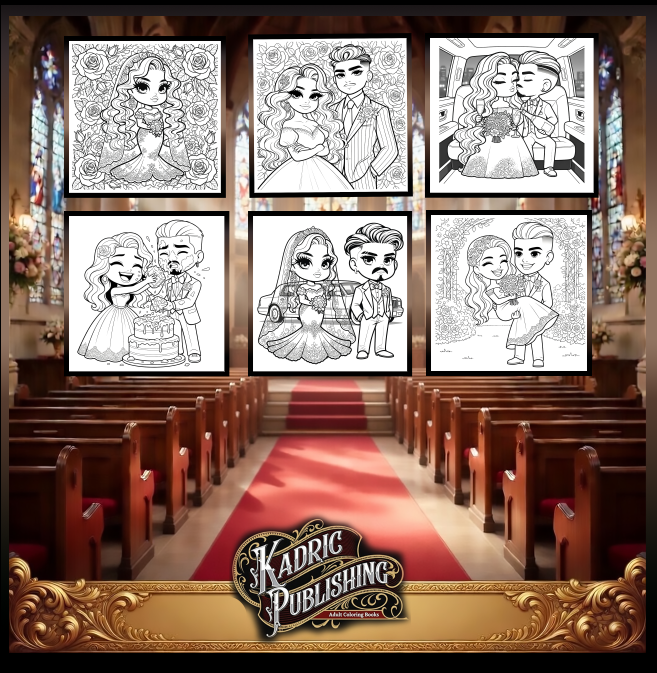 Back cover of Kadric Publishing's Chibi-Weddings Coloring Book, featuring colorful wedding-themed illustrations on a paperback cover.