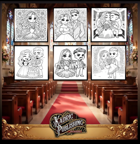 Back cover of Kadric Publishing's Chibi-Weddings Coloring Book, featuring colorful wedding-themed illustrations on a paperback cover.