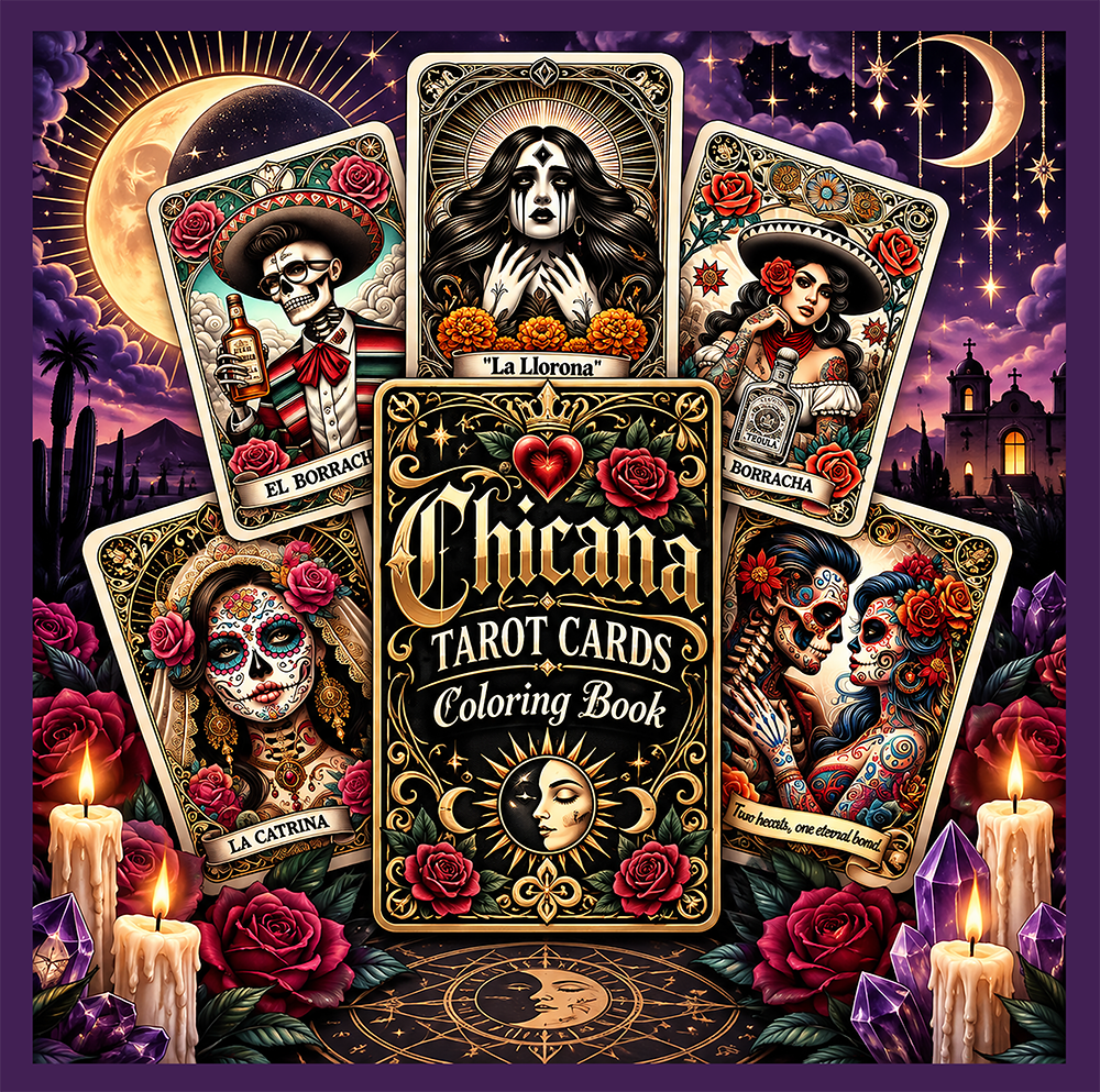 Paperback Chicana Tarot Cards coloring book featuring Mexican folk art, Catrinas, Brujas, roses, and mystical tarot illustrations.