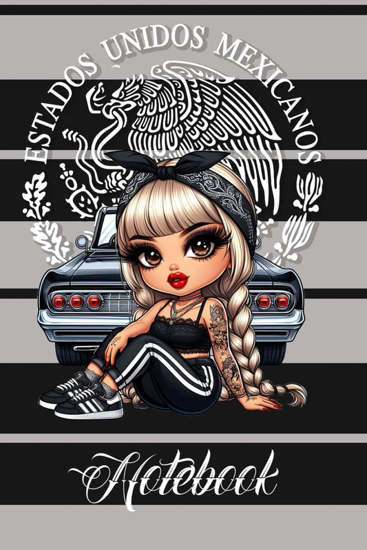 Cover of Kadric Publishing's cute blonde chola paperback notebook with black and grey design and 200 lined pages.