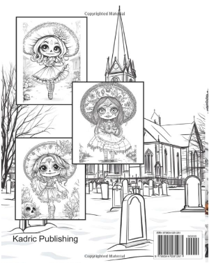 Paperback Dia de Los Muertos adult coloring book featuring Day of the Dead designs by Kadric Publishing, shown on back cover.