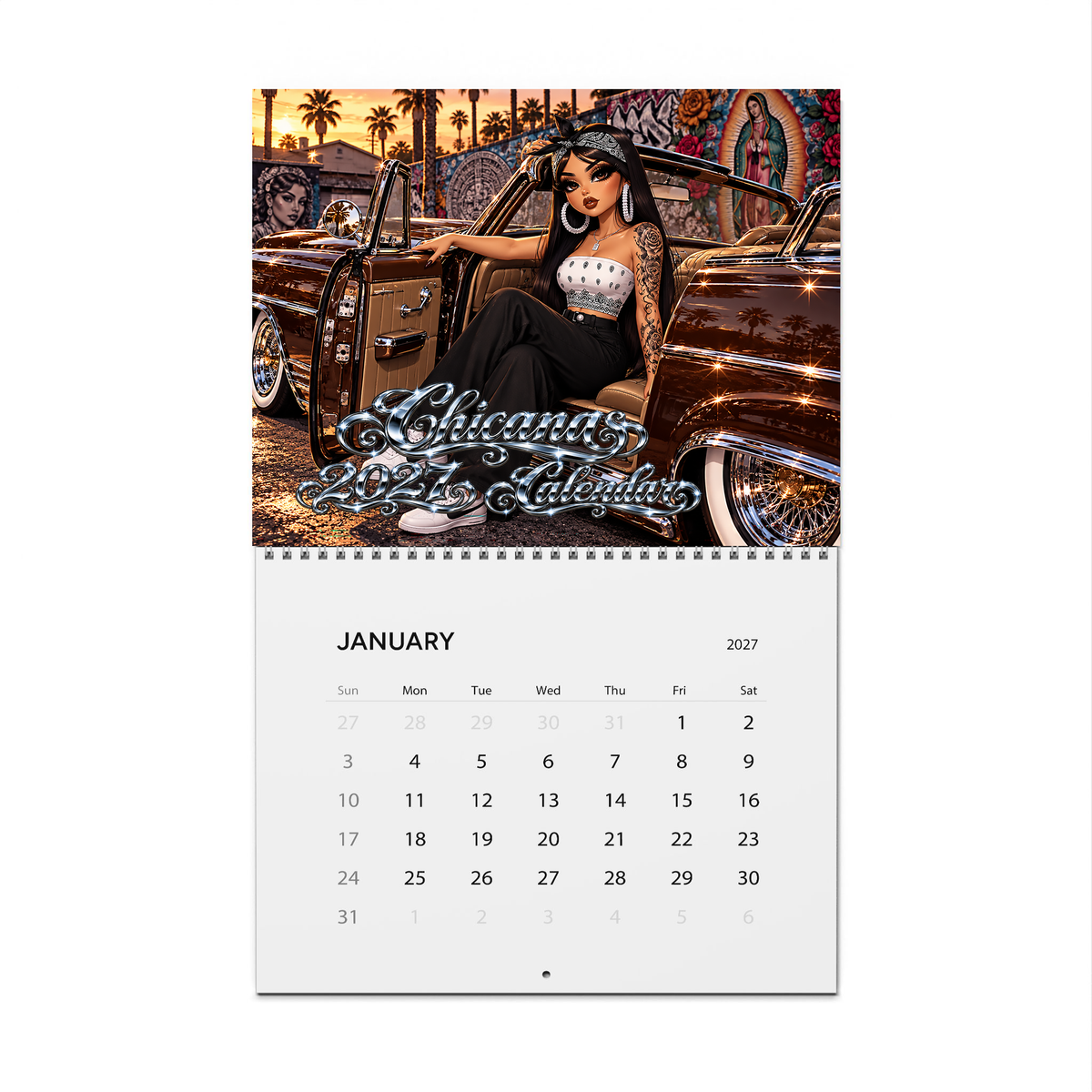 Chicanas 2027 wall calendar by Kadric Publishing LLC, front cover featuring Chicana-themed artwork