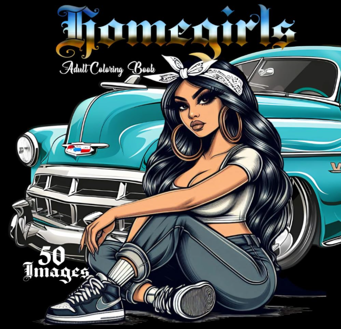 Cover of the Homegirls adult coloring book by Kadric Publishing, featuring vibrant illustrations for ages 13 and up.