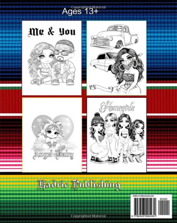 Back cover of Kadric Publishing Homies Coloring Book for teens and adults, featuring colorful illustrations and creative designs.