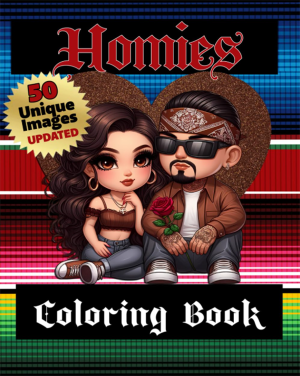 Cover of Homies Coloring Book for teens and adults by Kadric Publishing, featuring colorful cartoon characters on a paperback cover.