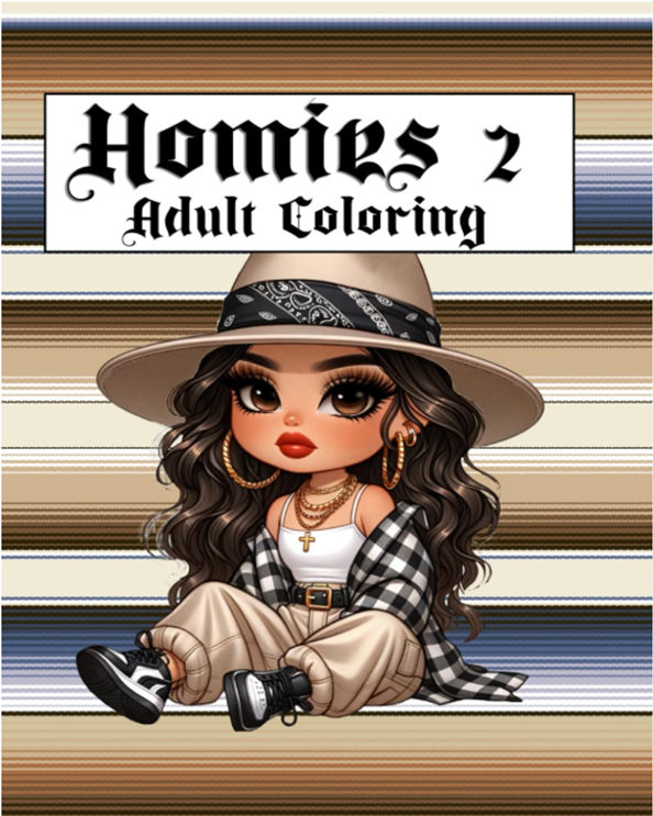 Paperback Homies 2 stress relief coloring book by Kadric Publishing featuring teens and adults illustrations for relaxation.