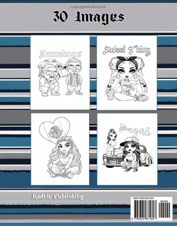 Homies adult coloring book featuring Lowrider cars and characters, designed for stress relief, paperback by Kadric Publishing.