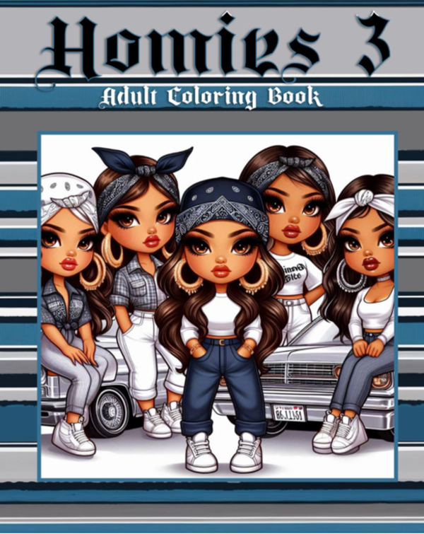Homies adult coloring book by Kadric Publishing featuring lowrider-themed illustrations for stress relief and creative relaxation.