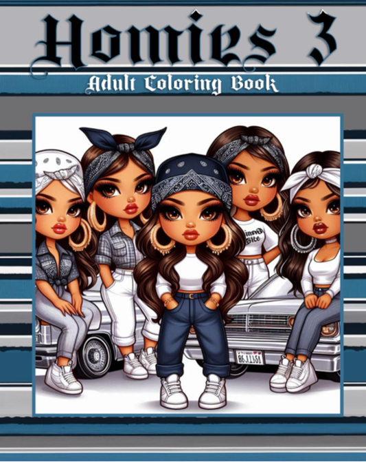 Homies adult coloring book by Kadric Publishing featuring lowrider-themed illustrations for stress relief and creative relaxation.