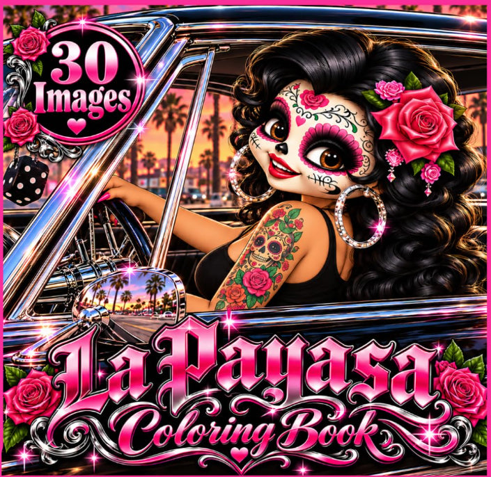 Adult coloring book by Kadric Publishing featuring Chicana, Lowrider, and Chola-themed illustrations for creative coloring.