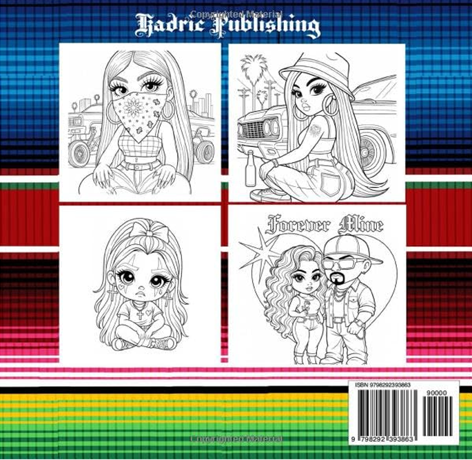 Back cover of Lowrider For Life adult coloring book by Kadric Publishing featuring 80 unique lowrider images in paperback format.