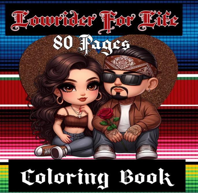Paperback adult coloring book titled "Lowrider For Life" with 80 unique lowrider car illustrations by Kadric Publishing.