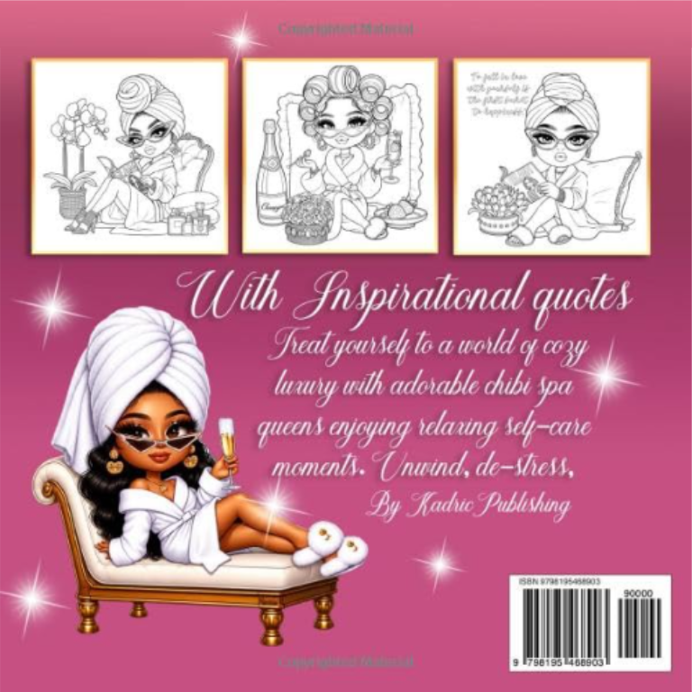Back cover of Kadric Publishing's Chibi Spa Queens coloring book featuring relaxing spa scenes and inspirational quotes for adults.