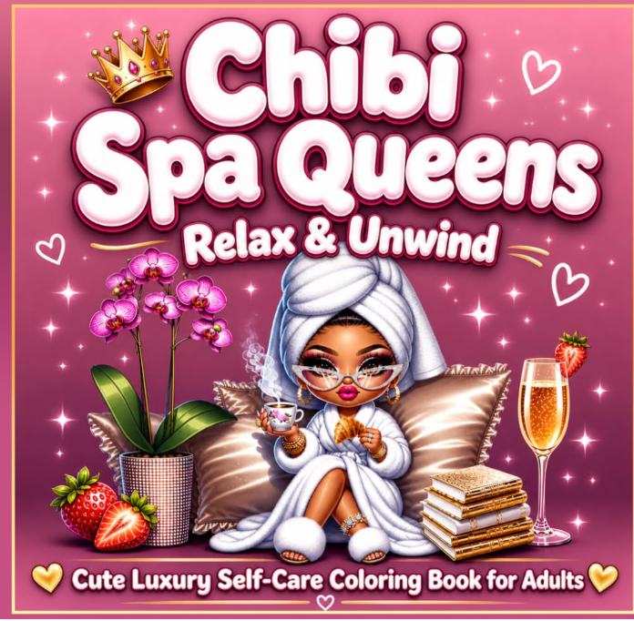 Cover of Kadric Publishing's Chibi Spa Queens coloring book featuring relaxing spa-themed illustrations and inspirational quotes.