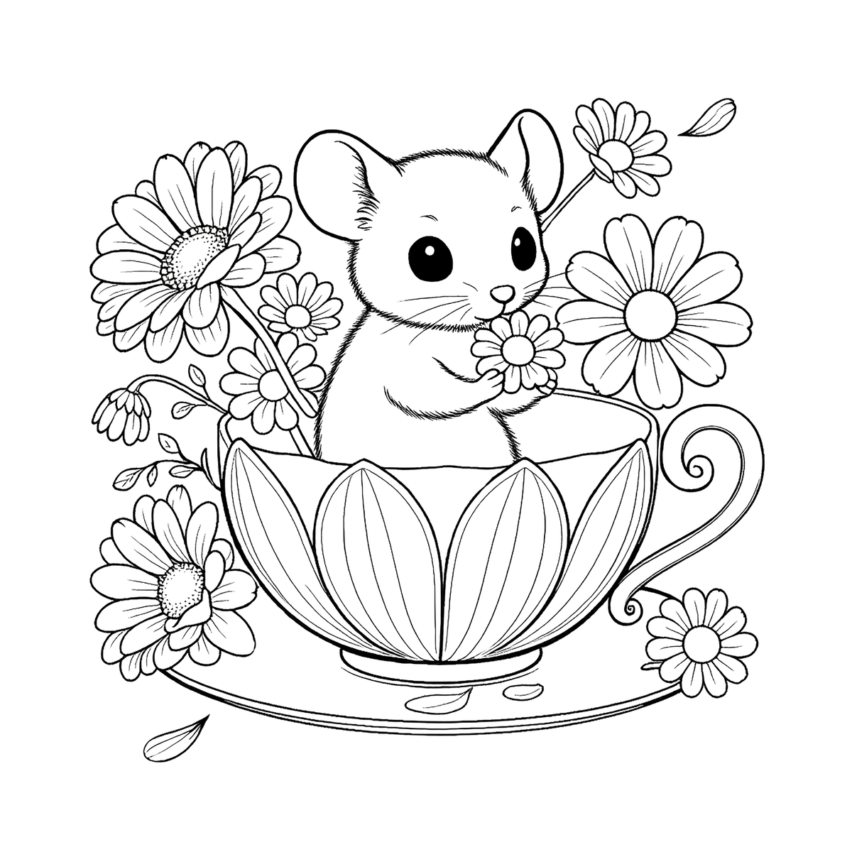 Paperback coloring book featuring adorable teacup mice and simple animal designs for relaxation and creativity.