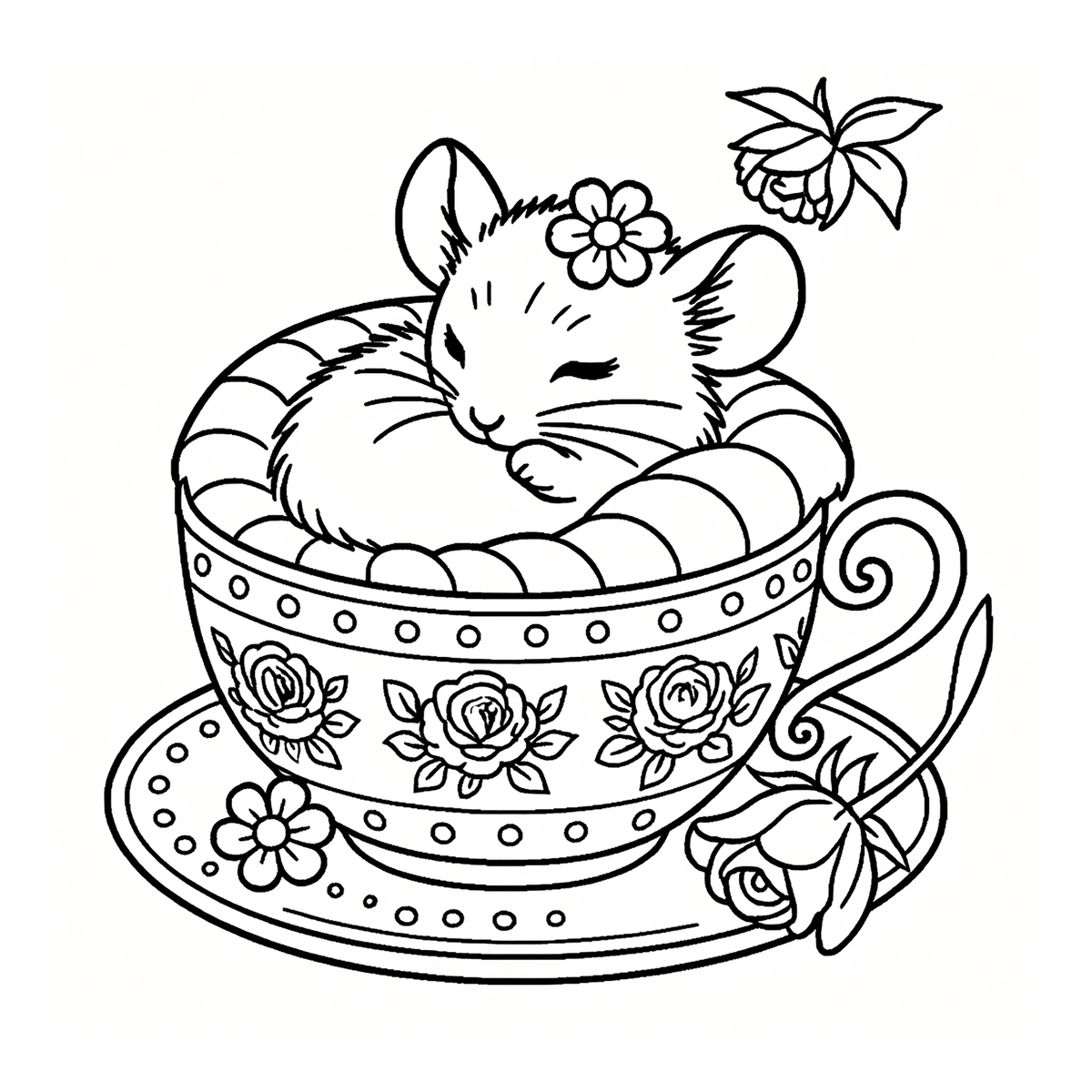 Cute teacup mice coloring book by Kadric Publishing featuring simple, relaxing animal characters for adults and teens.
