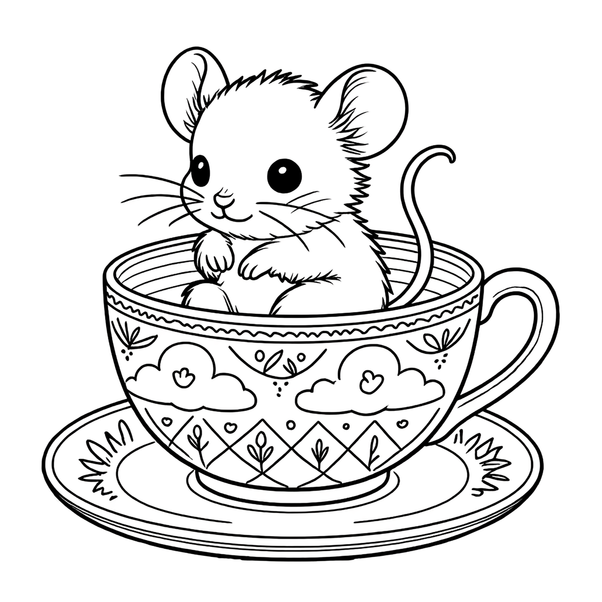 Cute teacup mice coloring book for adults and teens featuring simple, relaxing animal designs by Kadric Publishing LLC.