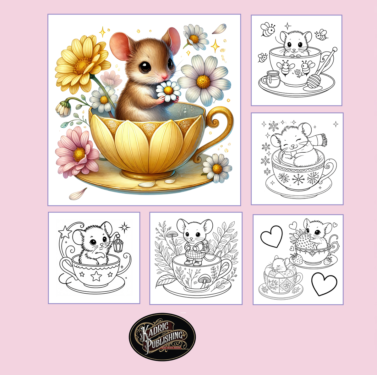 Back cover of Cozy Teacup Mice coloring book by Kadric Publishing LLC, featuring cute animal characters and simple designs for relaxation.
