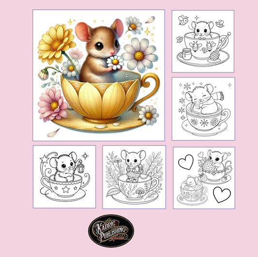 Back cover of Cozy Teacup Mice coloring book by Kadric Publishing LLC, featuring cute animal characters and simple designs for relaxation.