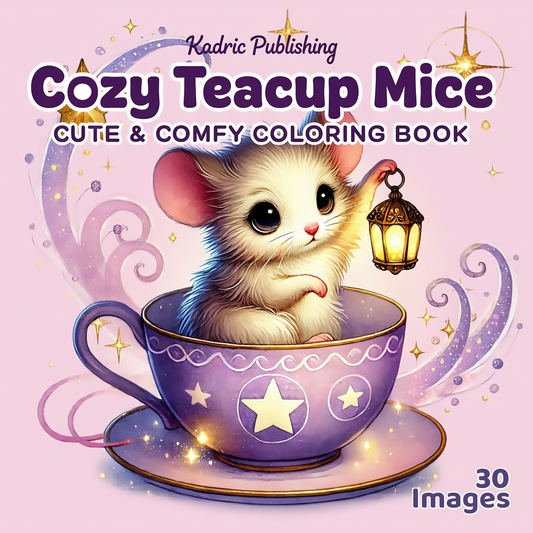 Cover of Cozy Teacup Mice coloring book by Kadric Publishing, featuring cute animal characters in simple designs for relaxation.