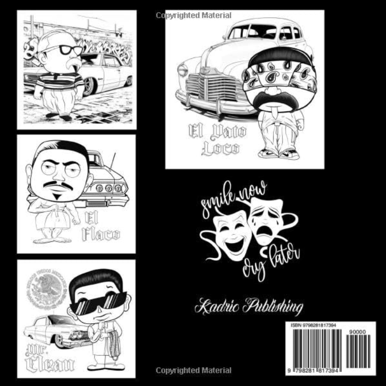 Paperback Vatos Adult Coloring Book by Kadric Publishing featuring intricate, artistic designs on the cover.