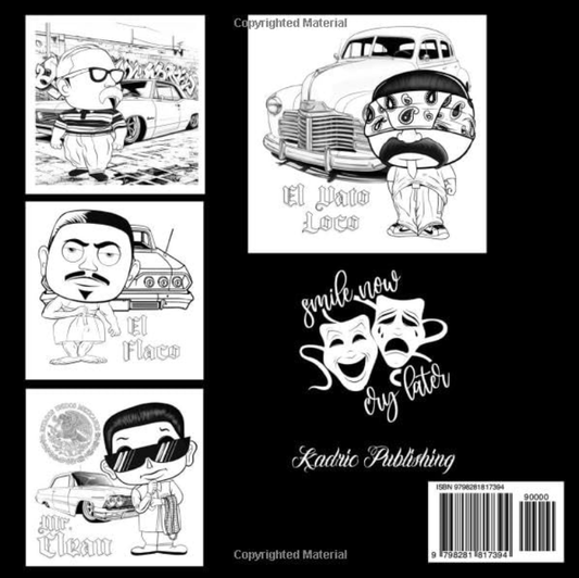 Paperback Vatos Adult Coloring Book by Kadric Publishing featuring intricate, artistic designs on the cover.